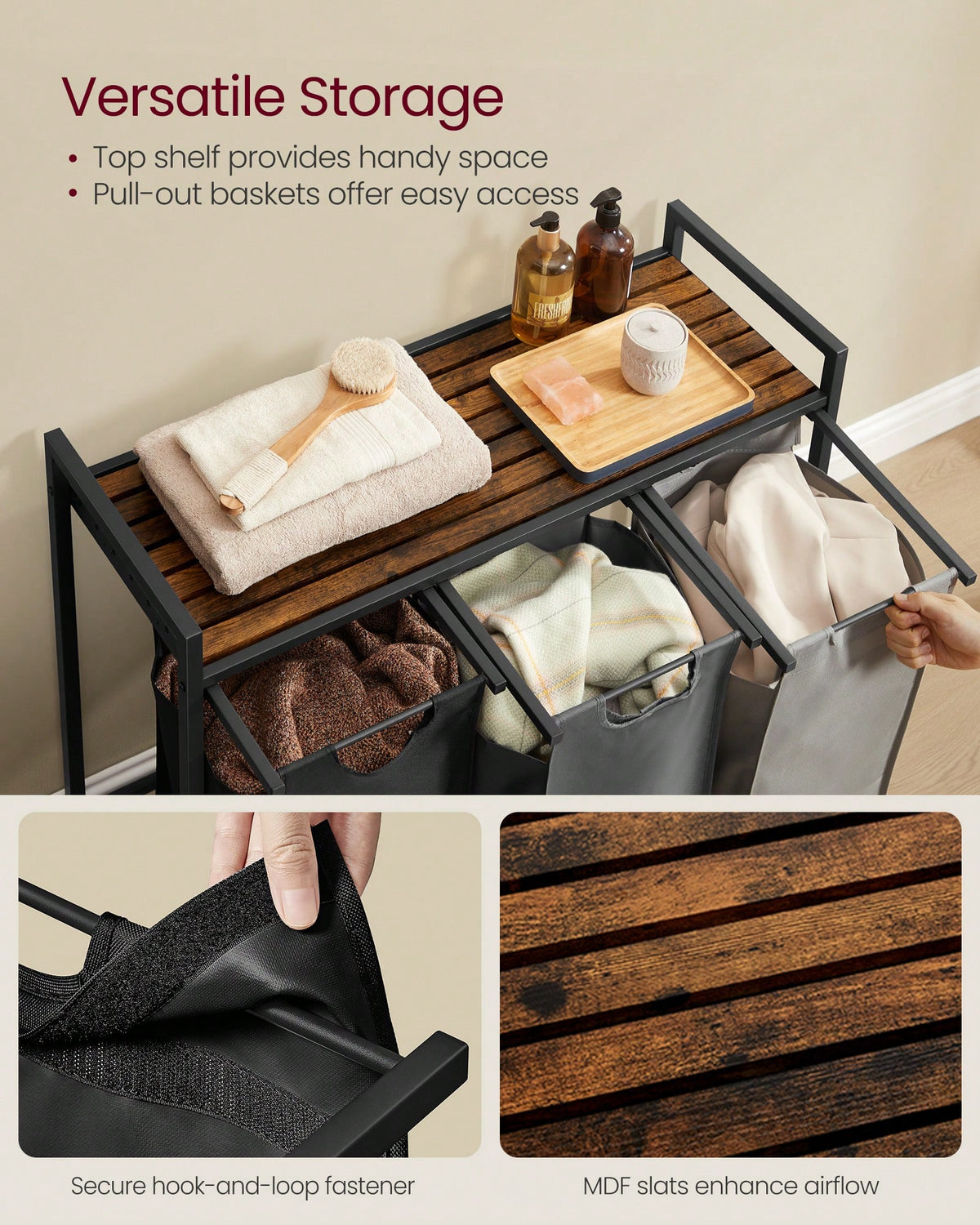 VASAGLE Laundry Hamper, Laundry Basket, Laundry Sorter With 3 Pull-Out And Removable Bags, 1 Storage Shelf, 10 Gal Capacity Per Bag, For Bathroom, Laundry Room, UBLH301