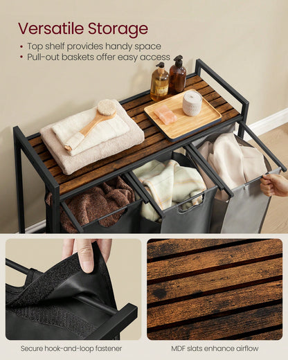 VASAGLE Laundry Hamper, Laundry Basket, Laundry Sorter With 3 Pull-Out And Removable Bags, 1 Storage Shelf, 10 Gal Capacity Per Bag, For Bathroom, Laundry Room, UBLH301