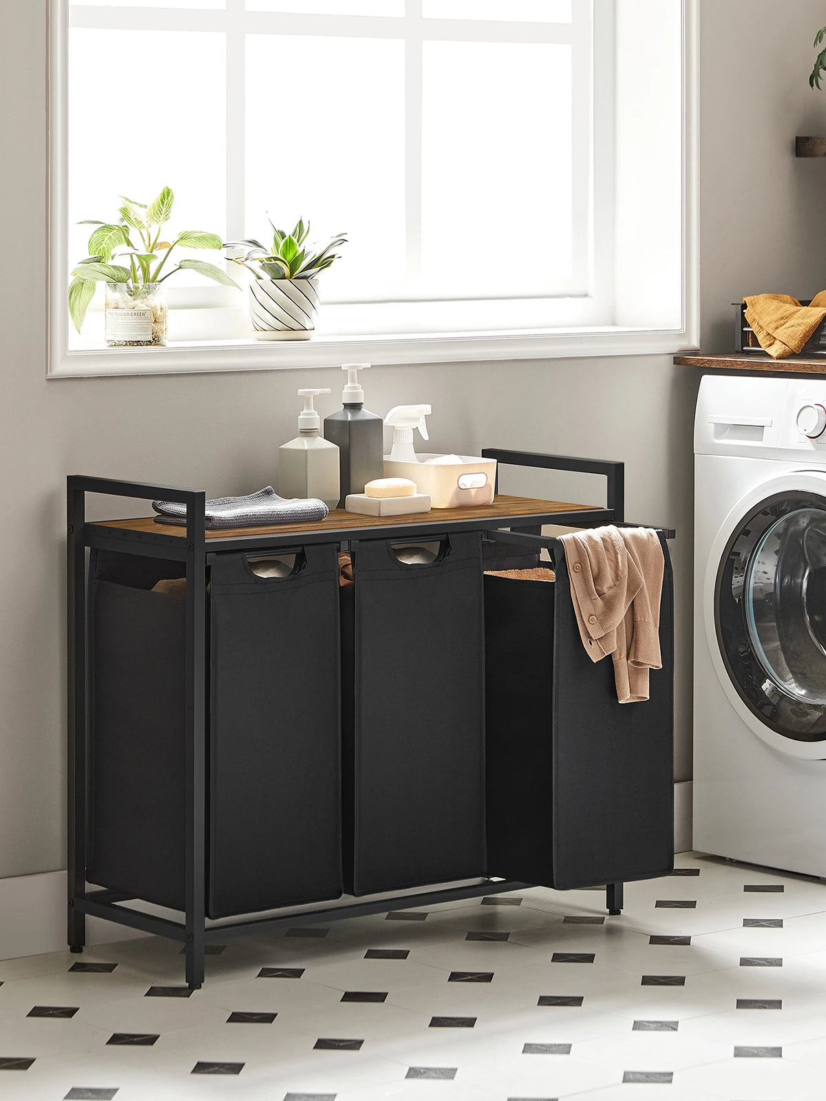 VASAGLE Laundry Hamper, Laundry Basket, Laundry Sorter With 3 Pull-Out And Removable Bags, 1 Storage Shelf, 10 Gal Capacity Per Bag, For Bathroom, Laundry Room, UBLH301