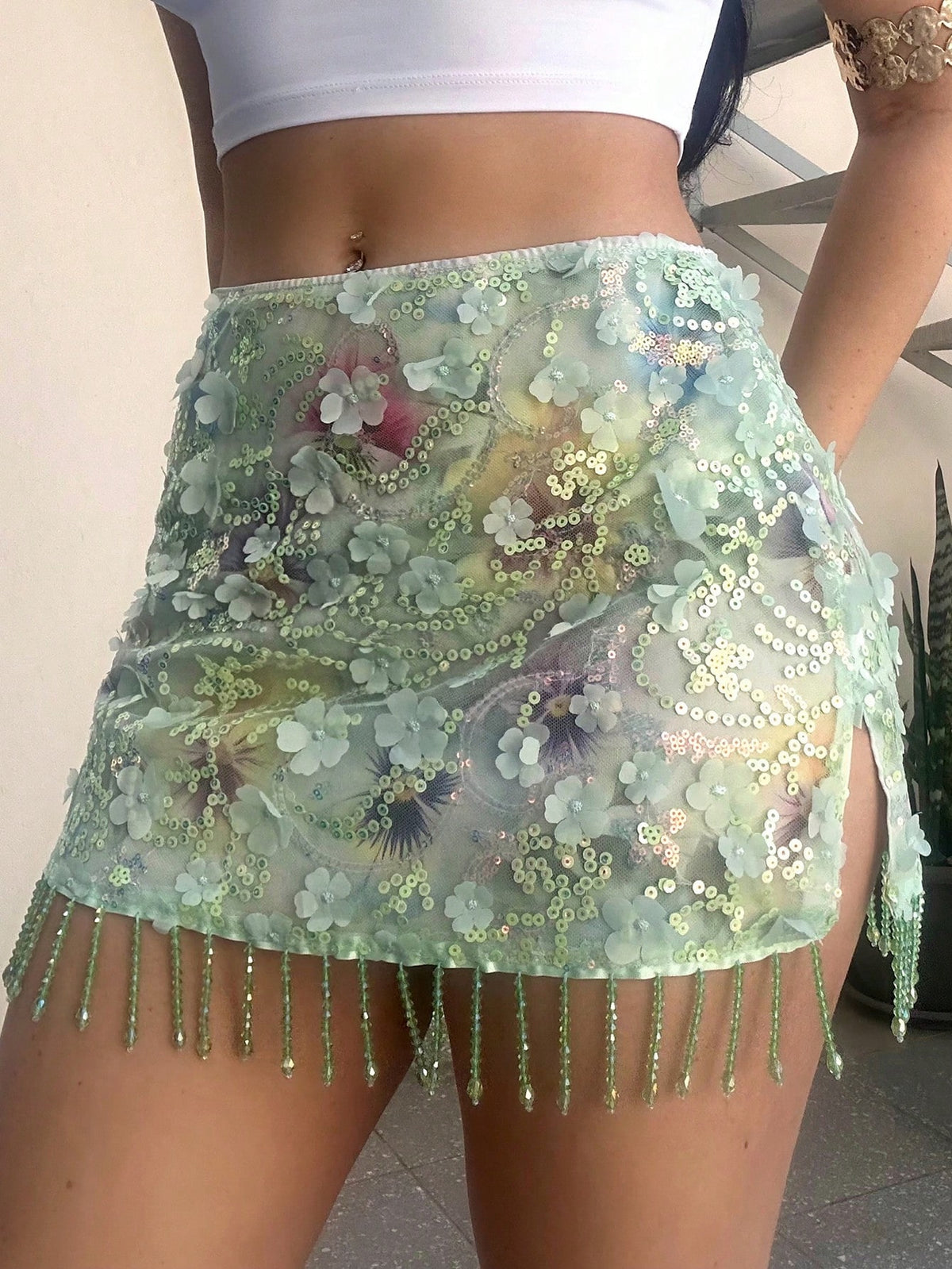 Vassilux Y2K Music Festival Concert Party Elegant Sequined Tassel Hem Beach Skirt For Women
