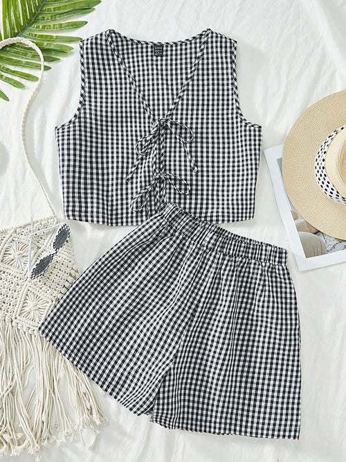 VCAY Casual Woven Plaid Pattern Tank Top & High Waist Loose Shorts Women's Two Pieces Set,For Summer Vacation,Women Summer Clothing