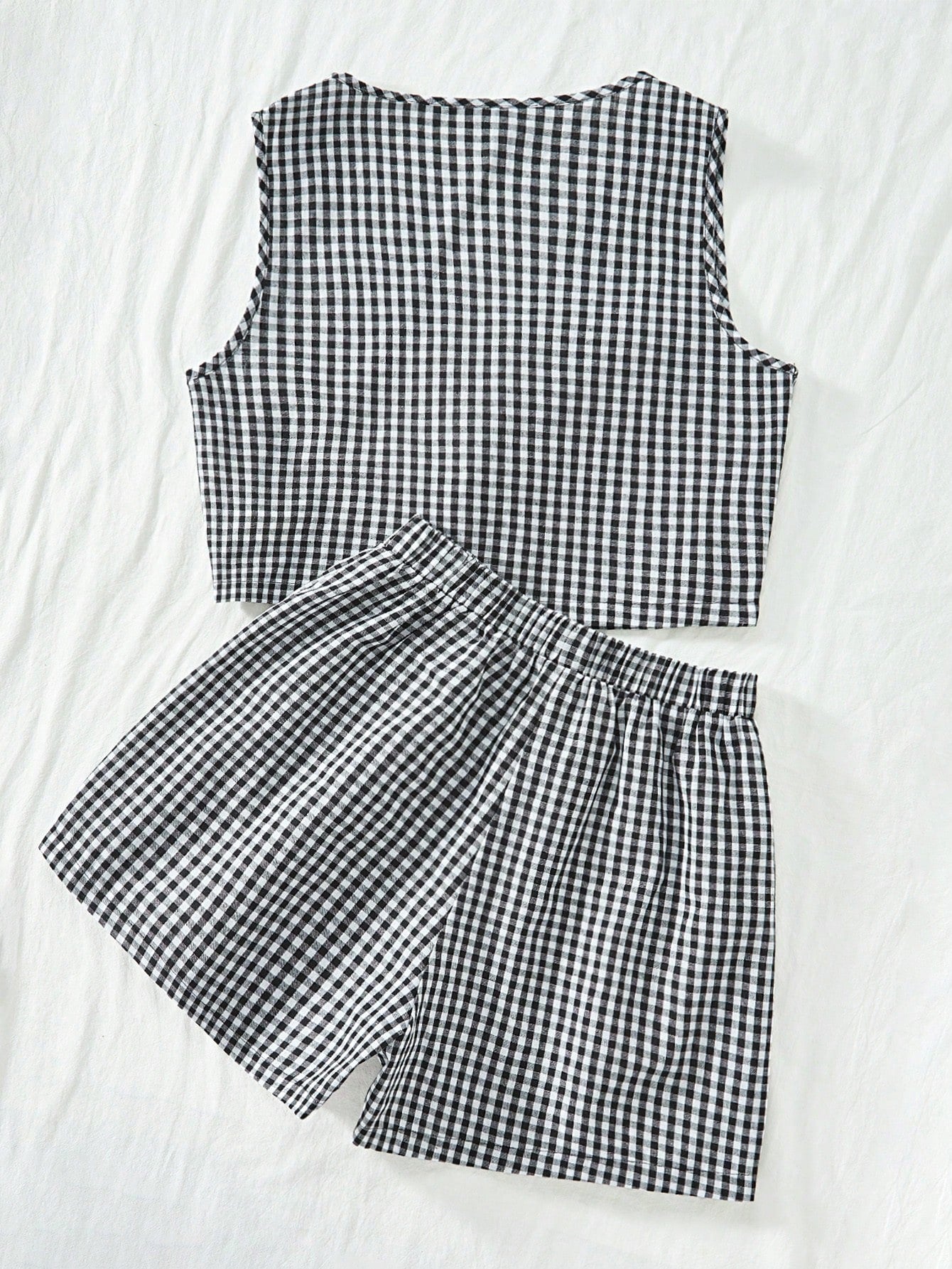 VCAY Casual Woven Plaid Pattern Tank Top & High Waist Loose Shorts Women's Two Pieces Set,For Summer Vacation,Women Summer Clothing