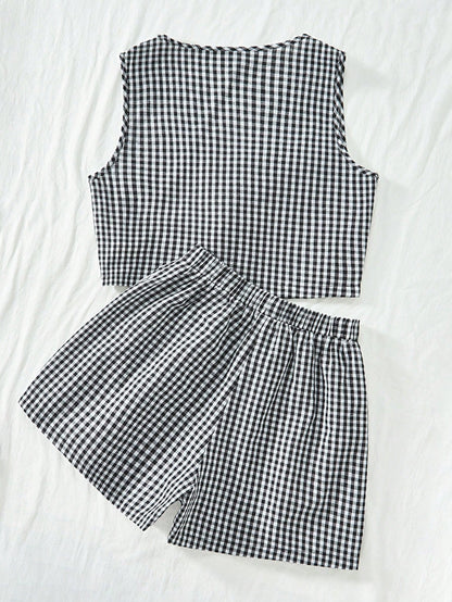 VCAY Casual Woven Plaid Pattern Tank Top & High Waist Loose Shorts Women's Two Pieces Set,For Summer Vacation,Women Summer Clothing