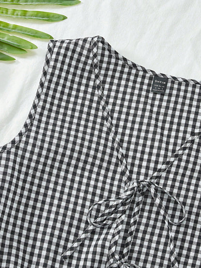 VCAY Casual Woven Plaid Pattern Tank Top & High Waist Loose Shorts Women's Two Pieces Set,For Summer Vacation,Women Summer Clothing