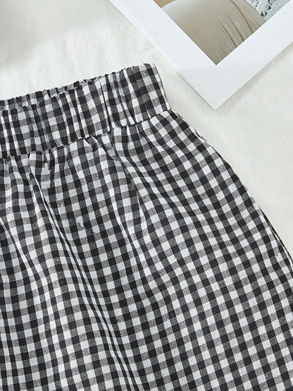 VCAY Casual Woven Plaid Pattern Tank Top & High Waist Loose Shorts Women's Two Pieces Set,For Summer Vacation,Women Summer Clothing