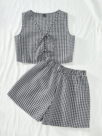 VCAY Casual Woven Plaid Pattern Tank Top & High Waist Loose Shorts Women's Two Pieces Set,For Summer Vacation,Women Summer Clothing