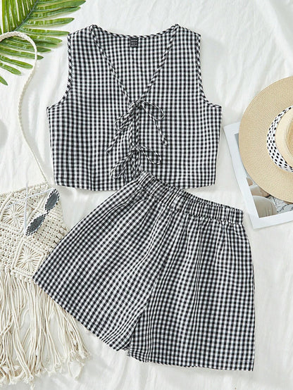 VCAY Casual Woven Plaid Pattern Tank Top & High Waist Loose Shorts Women's Two Pieces Set,For Summer Vacation,Women Summer Clothing