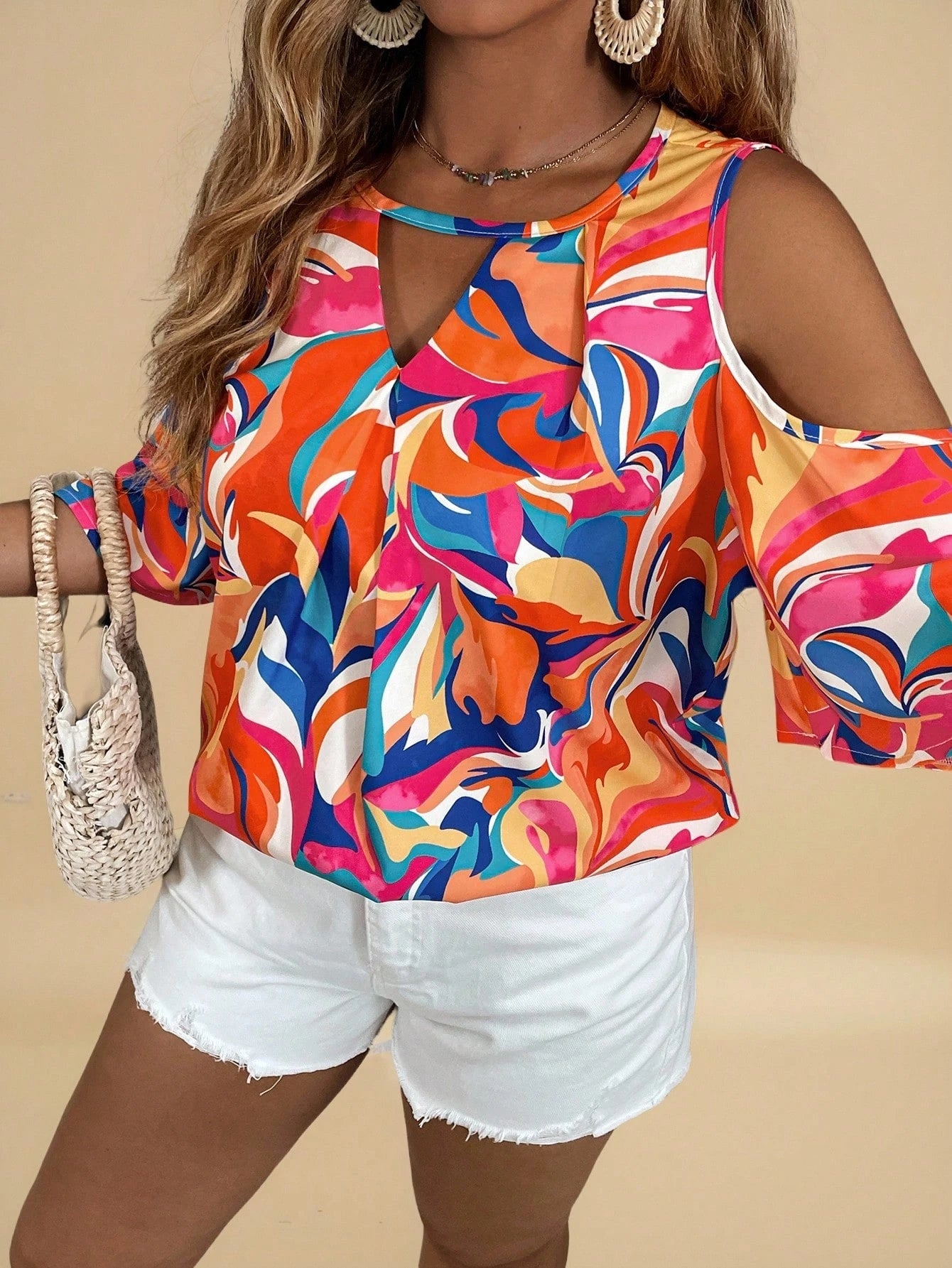 VCAY Plus Size Scoop Neck Allover Print Hollow Casual Blouse