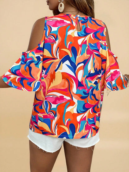 VCAY Plus Size Scoop Neck Allover Print Hollow Casual Blouse