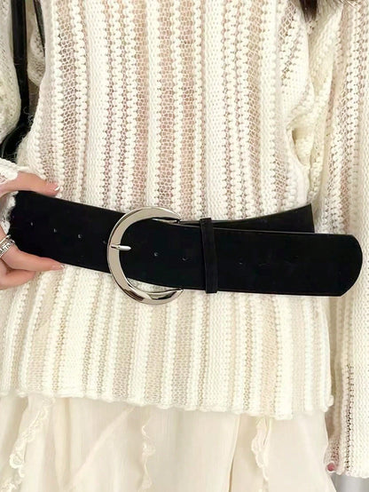 Velvet Buckle Wide Belt, Versatile Minimalist Solid Color Wide Waist Belt With Metal Buckle, Suitable For Daily Wear With Pants, Skirts, Blazers
