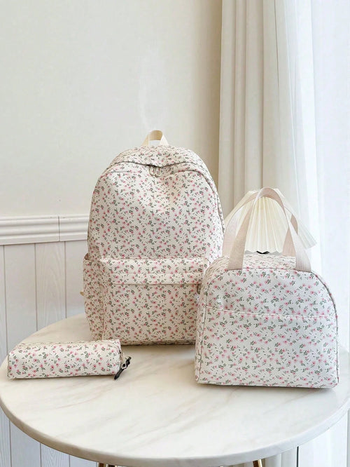 Versatile Fashion Women's Ditsy Floral Double Backpack Combination Bag Student School Bag