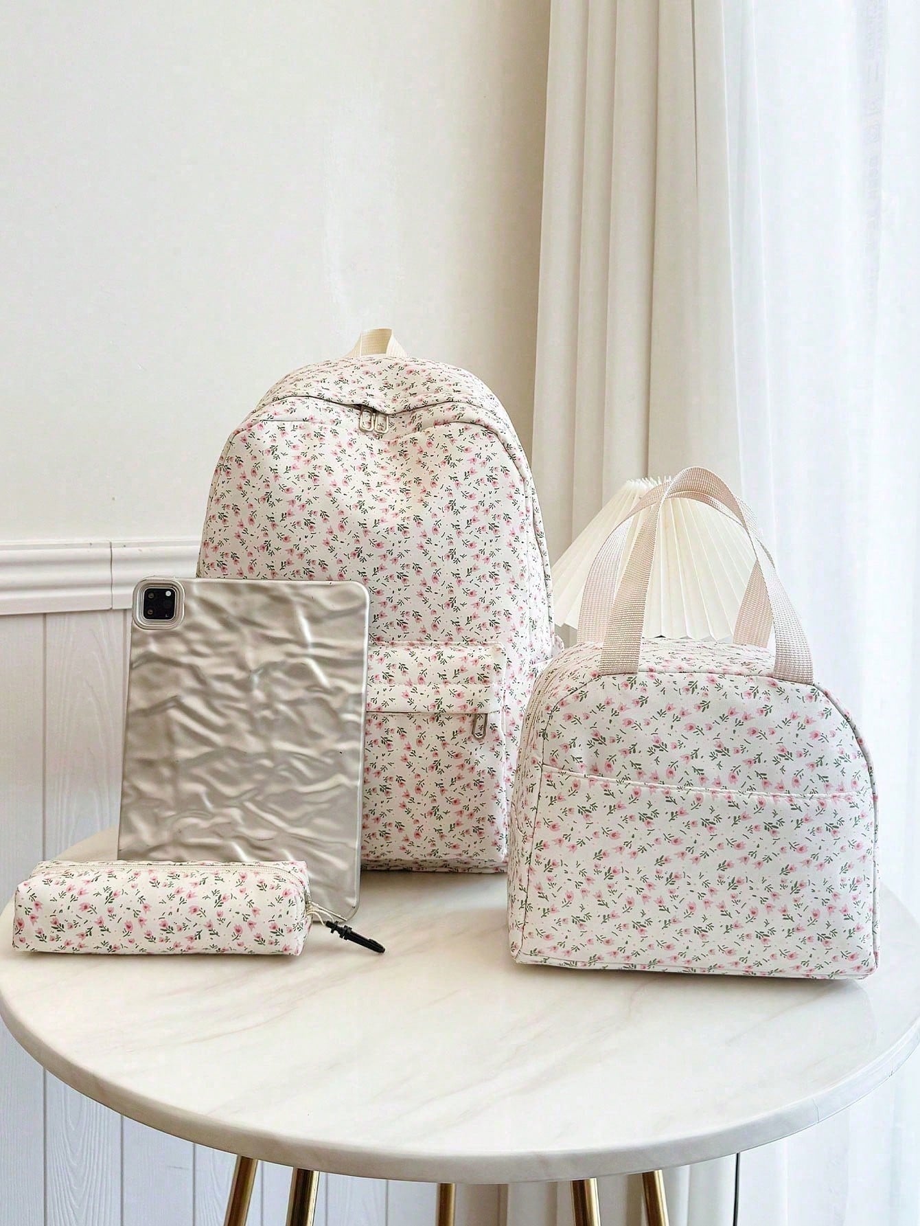 Versatile Fashion Women's Ditsy Floral Double Backpack Combination Bag Student School Bag