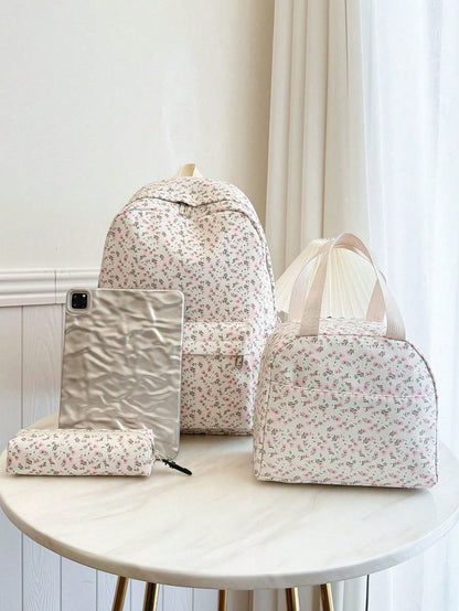 Versatile Fashion Women's Ditsy Floral Double Backpack Combination Bag Student School Bag