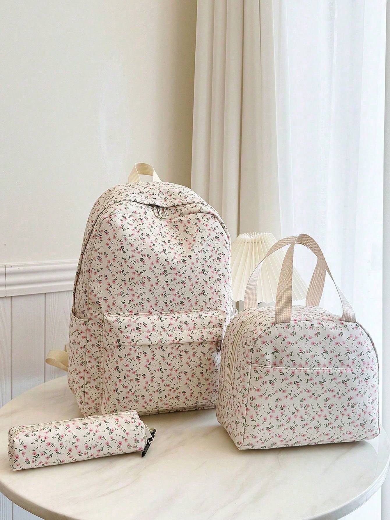 Versatile Fashion Women's Ditsy Floral Double Backpack Combination Bag Student School Bag