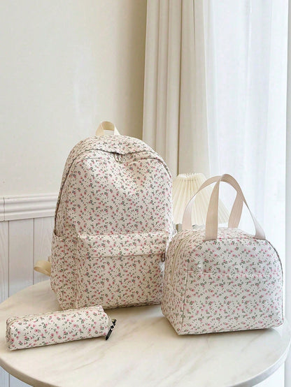Versatile Fashion Women's Ditsy Floral Double Backpack Combination Bag Student School Bag