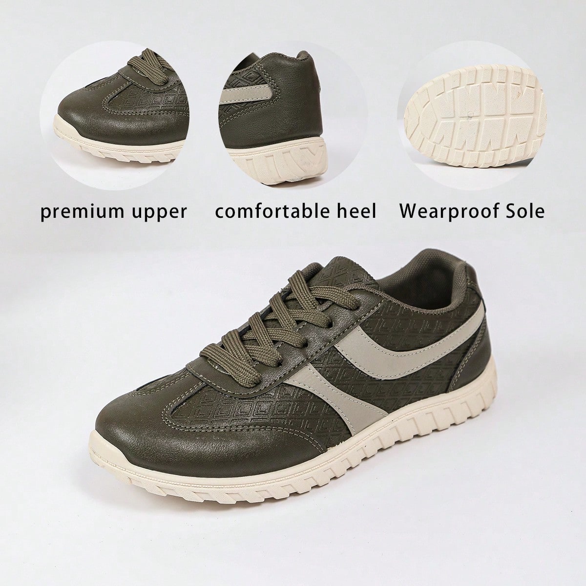 Vintage Army Green Embossed Trainer Shoes, Minimal Lace Up Flat Sneakers, Basic Casual Footwear For Spring Autumn All Seasons Outfits