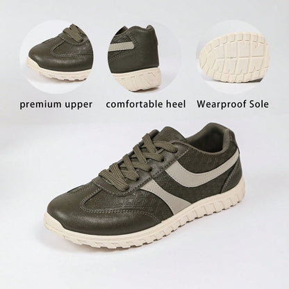 Vintage Army Green Embossed Trainer Shoes, Minimal Lace Up Flat Sneakers, Basic Casual Footwear For Spring Autumn All Seasons Outfits