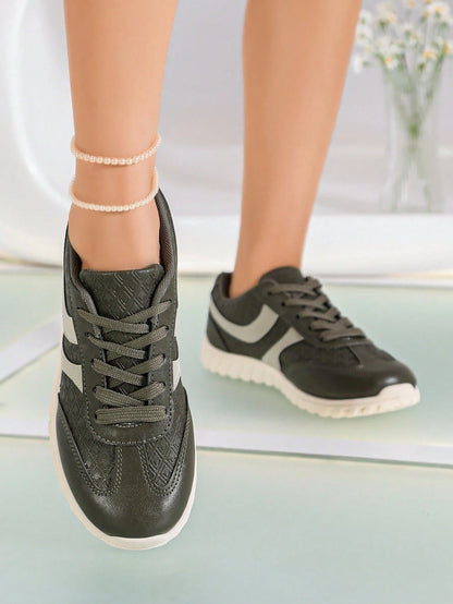 Vintage Army Green Embossed Trainer Shoes, Minimal Lace Up Flat Sneakers, Basic Casual Footwear For Spring Autumn All Seasons Outfits