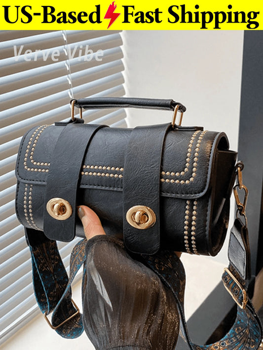 Vintage Flap Crossbody Bag For Women Studded Shoulder Bag Pu Leather Top Handle Bag Large Capacity Baguette Bag For Commuting Party Cowgirl Gifts