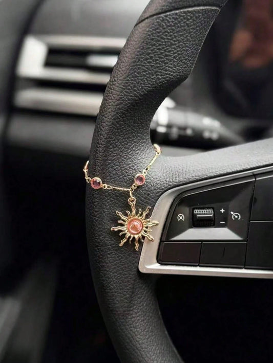 Vintage Gold Sun Shaped Steering Wheel Decor Chain, Hanging Ornament With Sparkling Pink Crystal Beads & Sun Pendant, Elegant Girly Universal Car Steering Wheel Accessories