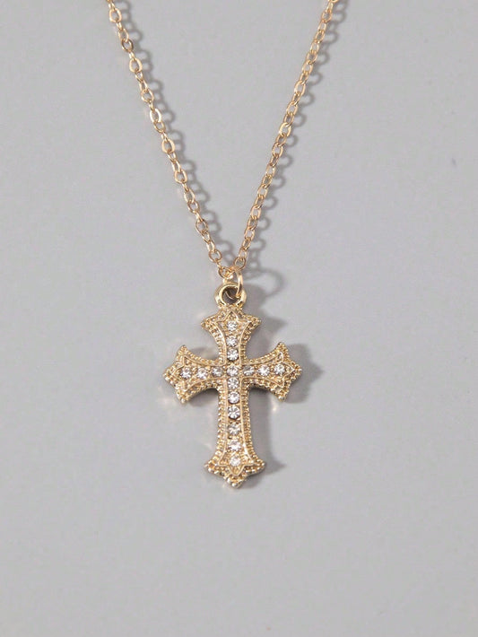 Vintage Gothic Style Rhinestone Cross Necklace, Fade-Resistant, Fashionable Unisex Hiphop Chain Necklace