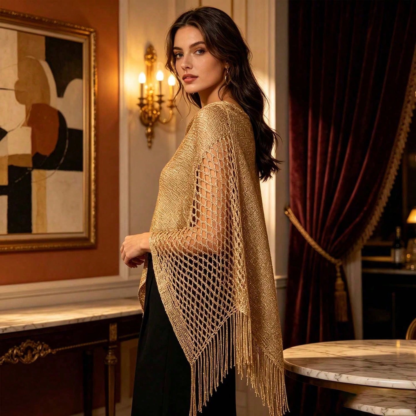 [Vintage Lace Crochet Shawl] French Vintage Exquisite Crochet Shawl, Tie-Up Elegant Outerwear Scarf, Soft Mori Style Hollow Embroidery Decorated Scarf, Lightweight Breathable Air-Conditioned Room Oute