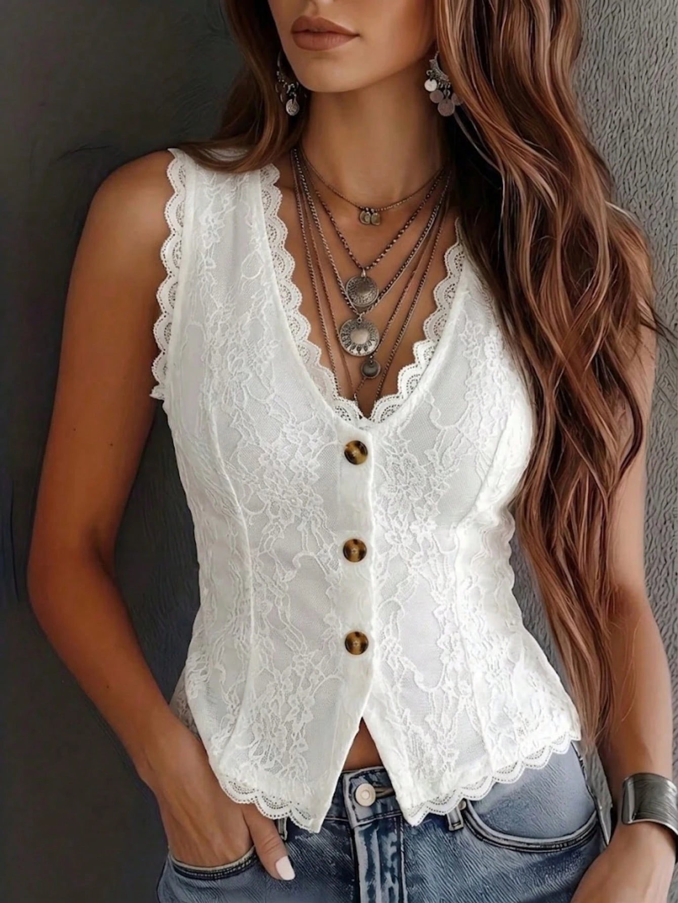 Vintage Western Style White Lace V-Neck Top, Summer Front Button Sleeveless Top, Elegant For Vacation/Party Casual, Boho Chic
