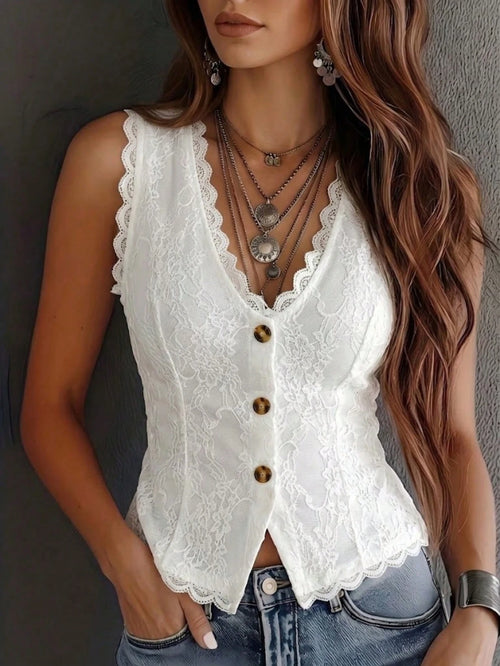 Vintage Western Style White Lace V-Neck Top, Summer Front Button Sleeveless Top, Elegant For Vacation/Party Casual, Boho Chic