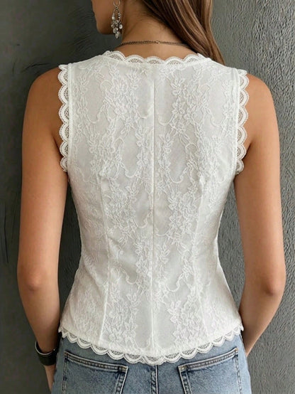 Vintage Western Style White Lace V-Neck Top, Summer Front Button Sleeveless Top, Elegant For Vacation/Party Casual, Boho Chic