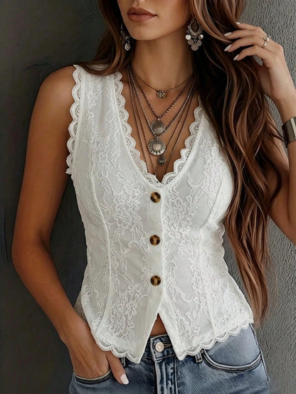 Vintage Western Style White Lace V-Neck Top, Summer Front Button Sleeveless Top, Elegant For Vacation/Party Casual, Boho Chic