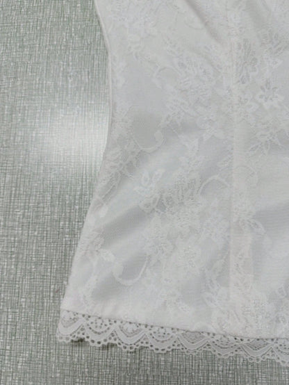 Vintage Western Style White Lace V-Neck Top, Summer Front Button Sleeveless Top, Elegant For Vacation/Party Casual, Boho Chic