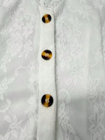 Vintage Western Style White Lace V-Neck Top, Summer Front Button Sleeveless Top, Elegant For Vacation/Party Casual, Boho Chic