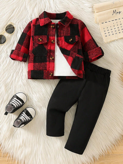 Vintaside Kids 2pcs Baby Boy Plaid Long Sleeve Single-Breasted Jacket Solid Color Pants Casual Outfit, Oktoberfest Birthday Family Matching Red Plaid White Black