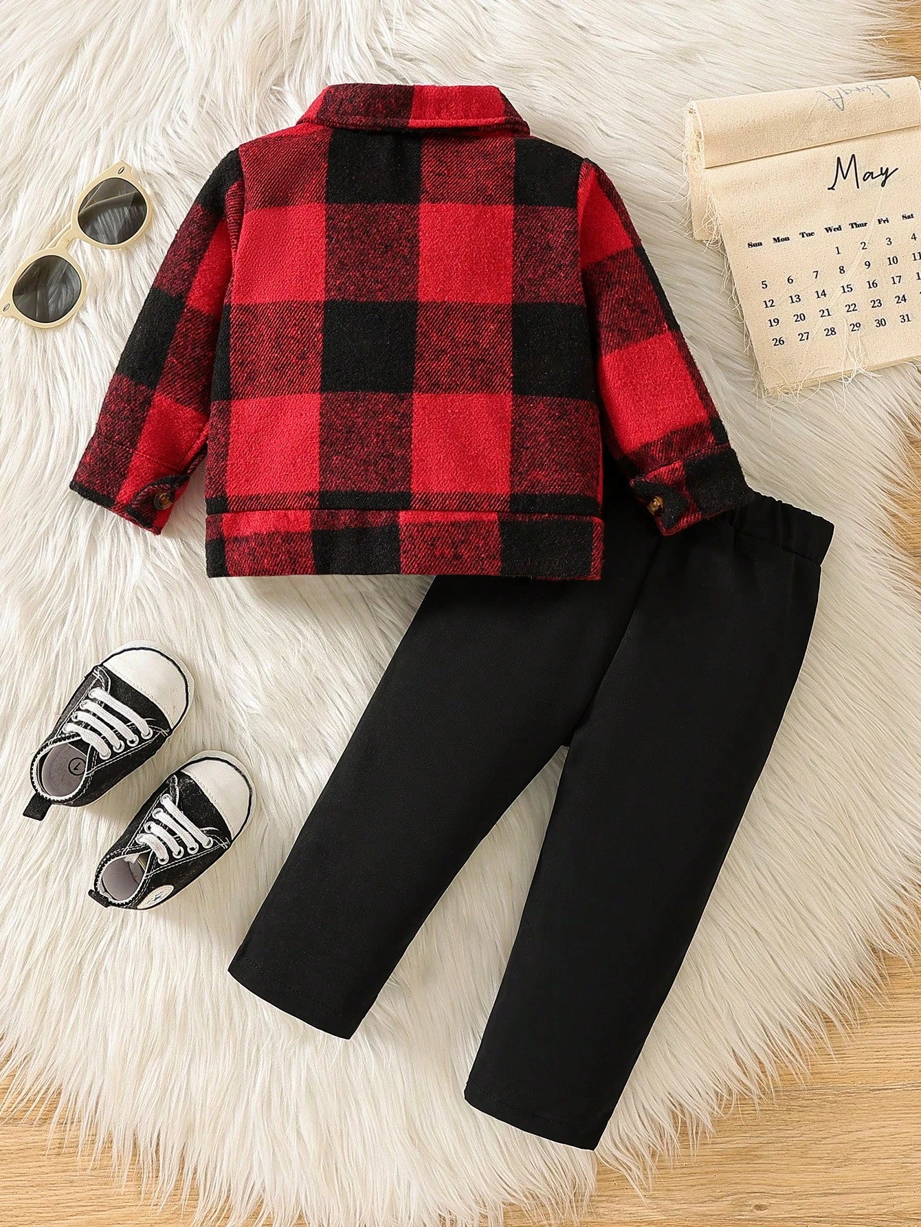 Vintaside Kids 2pcs Baby Boy Plaid Long Sleeve Single-Breasted Jacket Solid Color Pants Casual Outfit, Oktoberfest Birthday Family Matching Red Plaid White Black