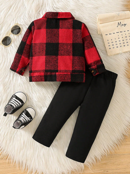 Vintaside Kids 2pcs Baby Boy Plaid Long Sleeve Single-Breasted Jacket Solid Color Pants Casual Outfit, Oktoberfest Birthday Family Matching Red Plaid White Black
