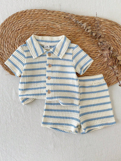 Vintaside Kids 2pcs Newborn Casual Daily Knitted Jacquard Shirt With Collar Short Sleeve Top And Elastic Waist Shorts Set, Suitable For Outdoor Or Comfortable Summer Versatile Outfit