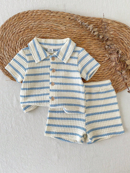 Vintaside Kids 2pcs Newborn Casual Daily Knitted Jacquard Shirt With Collar Short Sleeve Top And Elastic Waist Shorts Set, Suitable For Outdoor Or Comfortable Summer Versatile Outfit