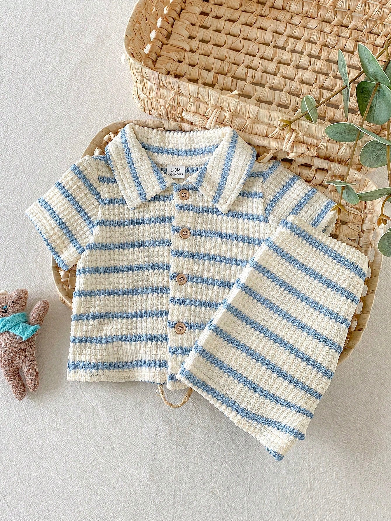 Vintaside Kids 2pcs Newborn Casual Daily Knitted Jacquard Shirt With Collar Short Sleeve Top And Elastic Waist Shorts Set, Suitable For Outdoor Or Comfortable Summer Versatile Outfit
