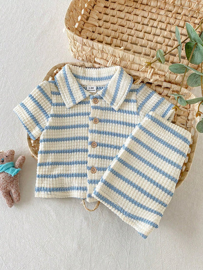 Vintaside Kids 2pcs Newborn Casual Daily Knitted Jacquard Shirt With Collar Short Sleeve Top And Elastic Waist Shorts Set, Suitable For Outdoor Or Comfortable Summer Versatile Outfit
