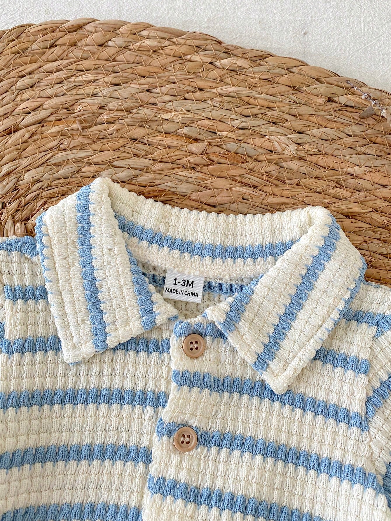 Vintaside Kids 2pcs Newborn Casual Daily Knitted Jacquard Shirt With Collar Short Sleeve Top And Elastic Waist Shorts Set, Suitable For Outdoor Or Comfortable Summer Versatile Outfit