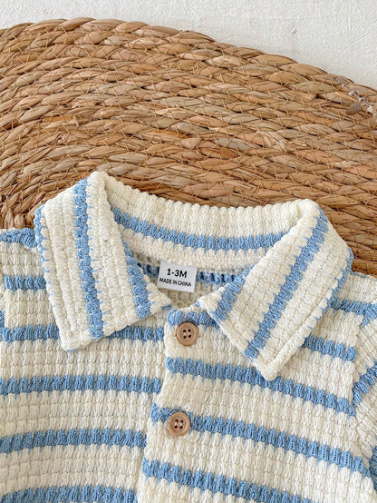 Vintaside Kids 2pcs Newborn Casual Daily Knitted Jacquard Shirt With Collar Short Sleeve Top And Elastic Waist Shorts Set, Suitable For Outdoor Or Comfortable Summer Versatile Outfit
