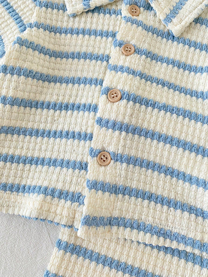 Vintaside Kids 2pcs Newborn Casual Daily Knitted Jacquard Shirt With Collar Short Sleeve Top And Elastic Waist Shorts Set, Suitable For Outdoor Or Comfortable Summer Versatile Outfit