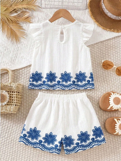Vintaside Kids 2pcs/Set Baby Girl 0-3Y Embroidery Linen Set White Summer Elegant Flowy Holiday Vacation Holiday Countryside Style Outfit Top & Shorts Two Pieces Set