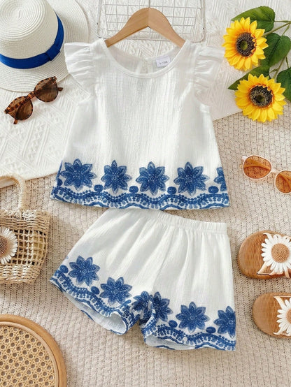 Vintaside Kids 2pcs/Set Baby Girl 0-3Y Embroidery Linen Set White Summer Elegant Flowy Holiday Vacation Holiday Countryside Style Outfit Top & Shorts Two Pieces Set