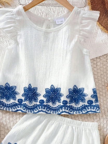 Vintaside Kids 2pcs/Set Baby Girl 0-3Y Embroidery Linen Set White Summer Elegant Flowy Holiday Vacation Holiday Countryside Style Outfit Top & Shorts Two Pieces Set
