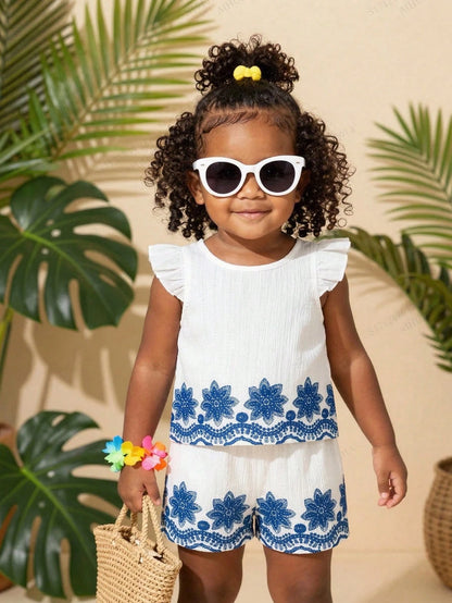 Vintaside Kids 2pcs/Set Baby Girl 0-3Y Embroidery Linen Set White Summer Elegant Flowy Holiday Vacation Holiday Countryside Style Outfit Top & Shorts Two Pieces Set