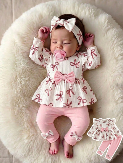 Vintaside Kids 2pcs/Set Newborn Baby Girl Apricot Bow Leopard Print Round Neck Long Sleeve Flutter Sleeve Thermal Lined Ribbed Soft Fabric T-Shirt Top + Elastic Waist Casual Pink Long Pants, Cas
