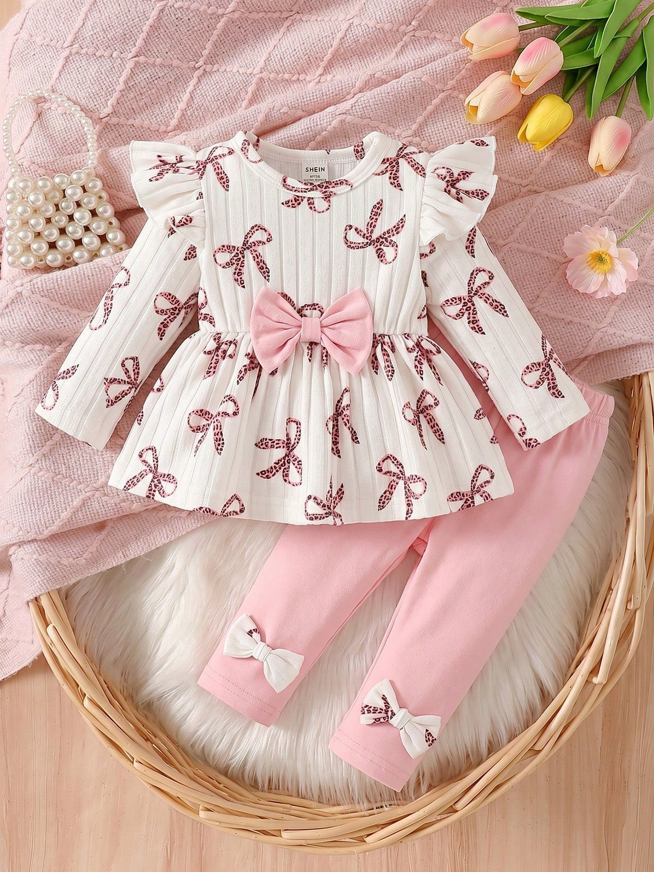 Vintaside Kids 2pcs/Set Newborn Baby Girl Apricot Bow Leopard Print Round Neck Long Sleeve Flutter Sleeve Thermal Lined Ribbed Soft Fabric T-Shirt Top + Elastic Waist Casual Pink Long Pants, Cas