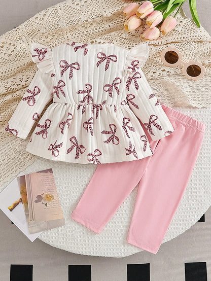 Vintaside Kids 2pcs/Set Newborn Baby Girl Apricot Bow Leopard Print Round Neck Long Sleeve Flutter Sleeve Thermal Lined Ribbed Soft Fabric T-Shirt Top + Elastic Waist Casual Pink Long Pants, Cas