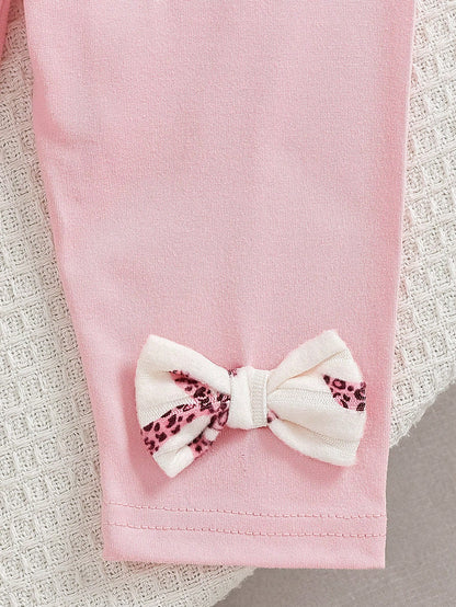 Vintaside Kids 2pcs/Set Newborn Baby Girl Apricot Bow Leopard Print Round Neck Long Sleeve Flutter Sleeve Thermal Lined Ribbed Soft Fabric T-Shirt Top + Elastic Waist Casual Pink Long Pants, Cas